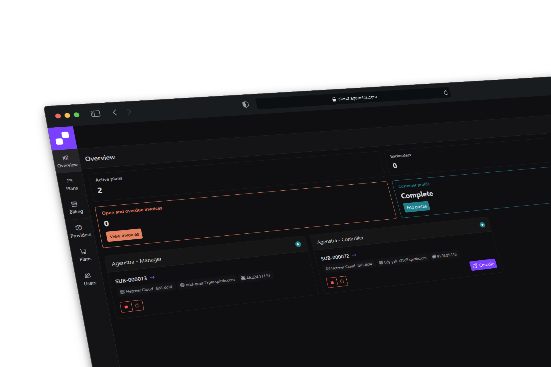 Agenstra-Cloud-Verwaltungsoberfläche